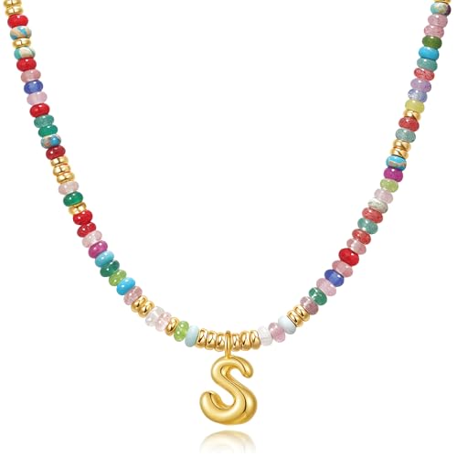 YOUFENG Initial Letter Necklaces for Women Colorful Beaded Gemstone Choker 14K Gold Plated Bubble Letter Pendant Necklace Natural Stone Handmade Jewelry Gift - color: S