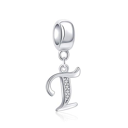 925 Sterling Silver Letter Charms Fits Pandora Bracelets, Gift for Women | A-Z Alphabet Initial Charm with CZ,Great gift for Christmas, Valentine's Day, Mother's Day. - color: T