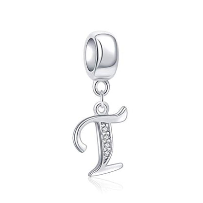 925 Sterling Silver Charms Alphabet Beads fit Pandora Charm Bracelets A-Z Letter Initial Spacer Dangle Clear CZ Stone Authentic for Snake Chain Bracelets - color: T