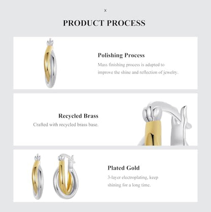 14K Gold Plated Two-Tone Oval Hoop Earrings for Women, Water Drop Design Lightweight Huggie Earrings,925 Sterling Silver Posts Double Drop Chunky Hoops Hypoallergenic Ear Buckles - color: Silver Gold