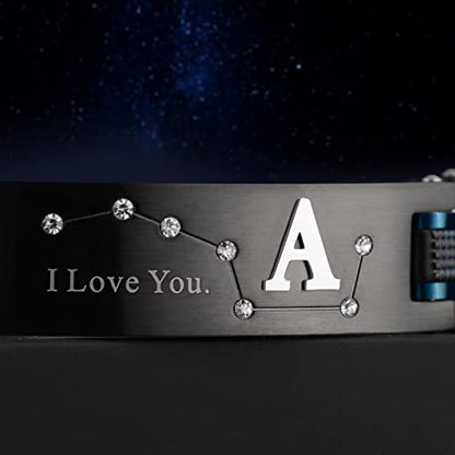 Men's Bracelet, Black and Blue Ion Stainless Steel, Initial Curved Plate, Gift for Boyfriend, Husband, Father, Comes with Gift Box - color: blue-blackJ