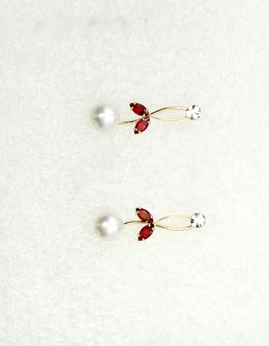 Faship Genuine Freshwater Pearls Floral Necklace Earrings Set | Premium CZ Crystal, Gorgeous, Sparkling - color: Red/Gold Plated