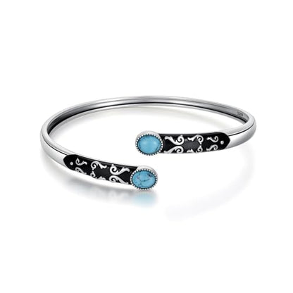 925 Sterling Silver Oval Turquoise Exquisite Cuff Bracelet Boho Style Adjustable Bracelet Jewelry Gifts for Women Mother - style: Cuff Bracelet 1