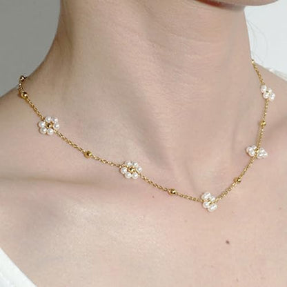 Pearl Jewelry Set for Women Pearl Necklace and Earring Set Bridal Jewelry Set for Wedding Elegant Pearl Jewelry - color: B0:Gold Pearl Flower Set