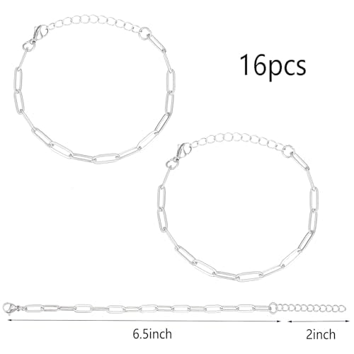 16 Pack Charm Bracelet Chain Bulk Gold Plated Stainless Steel Paperclip Chains Bracelets for DIY Jewelry Making - color: Silver