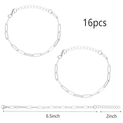 16 Pack Charm Bracelet Chain Bulk Gold Plated Stainless Steel Paperclip Chains Bracelets for DIY Jewelry Making - color: Silver