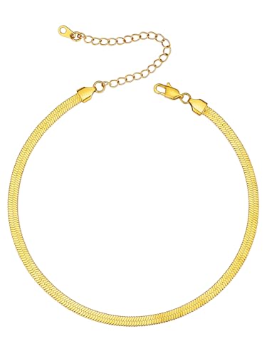 ChainsHouse Flat Snake Chain Herringbone Choker Necklace for Women, Stainless Steel/Rose Gold/18K Gold Plated Dainty Adjustable Simple Short Layered Necklaces, 12"/15"/18" with 3.5" Extender - color: a. 14k gold plated-5mm