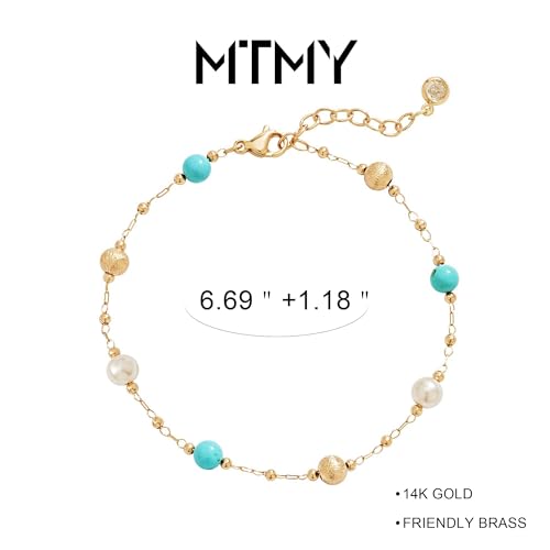 Gold Chain Bracelet for Women, 14K Gold Plated | Dainty Bracelets with Adjustable Chain, Trendy Jewelry Gift for Women - style: turquoise pearl