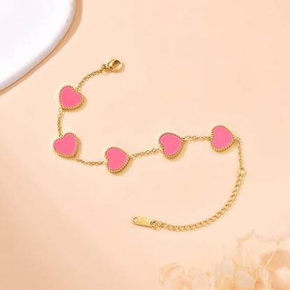 18K Gold Plated Five Heart Charm Bracelets for Women | Adjustable Love Bracelet Set Jewelry Gift-Hypoallergenic for Birthdays, Wellness & Daily Wear - color: 1#-Pink