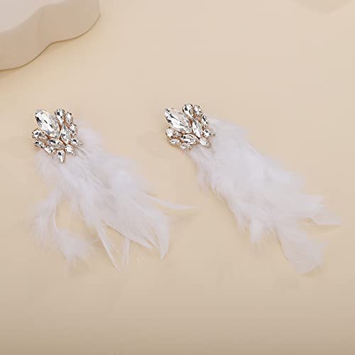 Denifery Long Feather Earrings Bohemian Earrings Multicolor Tassel Handmade Feather Earrings Dangling Earrings for Women (White) - color: White