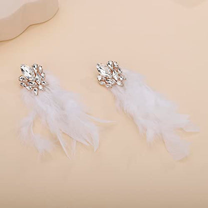 Denifery Long Feather Earrings Bohemian Earrings Multicolor Tassel Handmade Feather Earrings Dangling Earrings for Women (White) - color: White