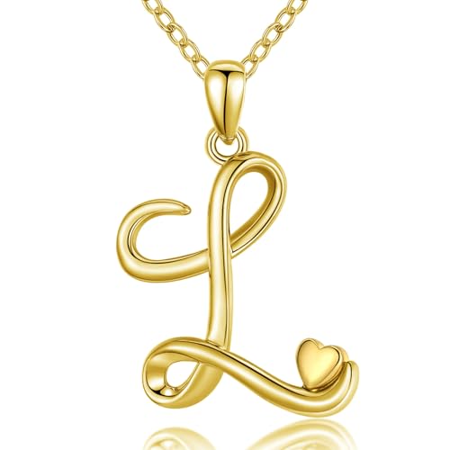 CELESTIA 925 Sterling Silver Initial Necklaces 26 Letter with Rose Gold Heart - 18 Inch Chain - color: Gold-L