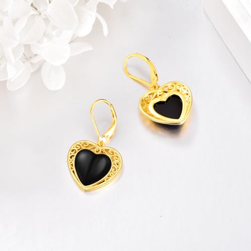 Sterling Silver Black Onyx Earrings for Women 18K Yellow Gold Plated Jewelry Gifts - style: Filigree Heart