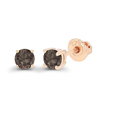 14K Gold Plated 925 Sterling Silver Hypoallergenic 4mm Round Genuine Birthstone Solitaire Screwback Stud Earrings - color: Smokey Quartz
