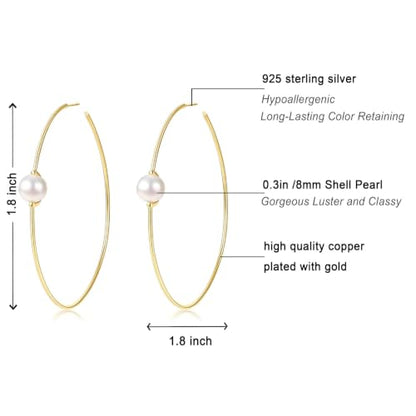 OwMell Large Hoop Earrings for Women 925 Sterling Silver Post 14K Gold Plated Big Hoops Earrings Trendy Pearl Cubic Zirconia Hoop Earrings - color: Pearl Gold Small