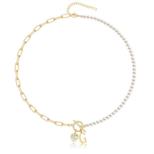 Initial Pearl Necklace for Women, 14K Gold Plated Paperclip Chain | Toggle Clasp, Heart CZ Initial Necklace,Gold Necklace for Women,Bridesmaid Wedding Gifts Jewelry - color: Gold-G
