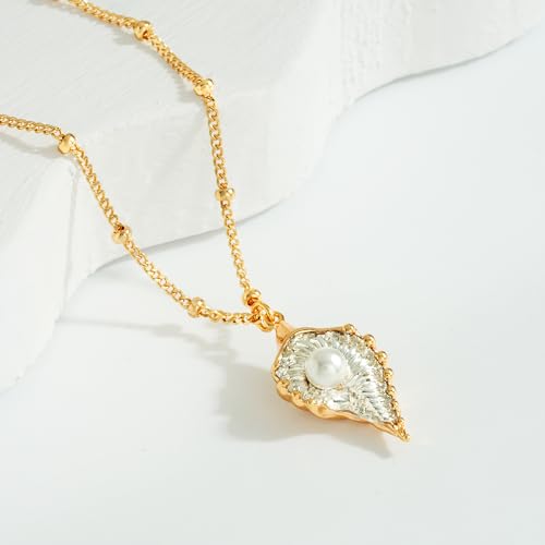 MTMY Gold Starfish Necklace 14K Gold Plated Shell Conch Ocean Pendant Necklace for Women Beach Summer Jewelry - style: conch
