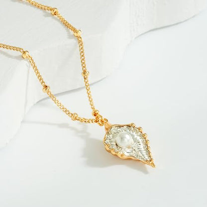 MTMY Gold Starfish Necklace 14K Gold Plated Shell Conch Ocean Pendant Necklace for Women Beach Summer Jewelry - style: conch