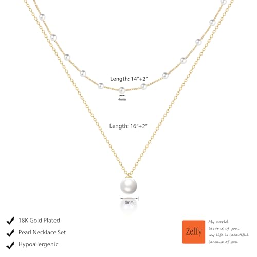 Zeffy Gold Pearl Necklace for Women, Dainty 14K Gold/Silve Plated Layered Pearl Choker Pearl Earrings Pearl Bracelets Wedding Trendy Gold Jewelry Set for Women Gifts - style: Gold Pearl Necklace-2PCS