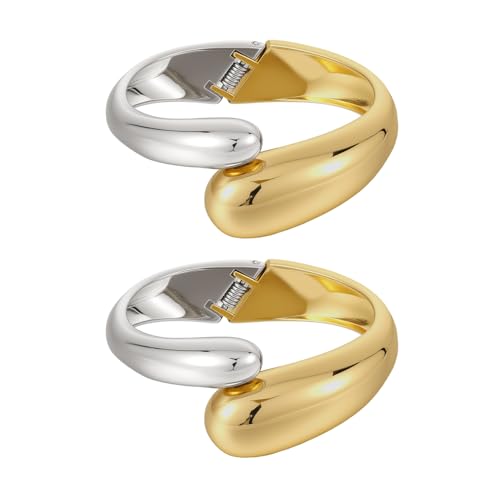 Emibele Cuff Bracelet Stack, 18K Gold-plated Open Bangle Bracelet, Teardrop Hinged Thick Wrist Chunky Bracelet Set for Women, Non Tarnish Jewelry Gift, 2 Pack - color: Gold Sliver