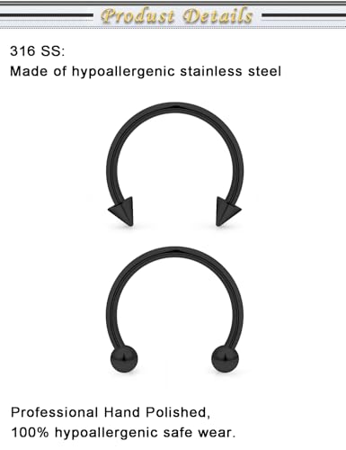 6PCS Septum Rings 18G Stainless Steel Nose Septum Ring Horseshoe Earring Eyebrow Lip Smiley Piercing Jewelry for Women Men Inner Diameter 8mm/10mm/12mm - color: black,ball+spike closure