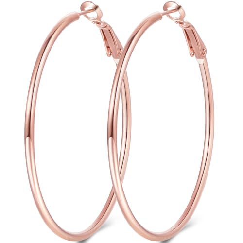 Jewlpire 14K Gold Plated 925 Sterling Sliver Post Hoop Earrings, 2MM Thick Hoop earrings Lightweight Large Hoop Earrings for Women Trendy 20/30/40/50/60/70mm - color: 14K Rose Gold Plated, size: 60mm