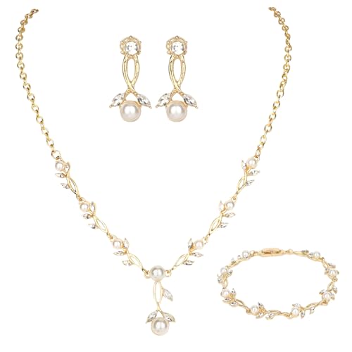 Bridal Jewelry Sets for Women Wedding Jewelry for Women | Cubic Zirconia Wedding Jewelry for Women Pearl Pendant Necklace Earrings Set - color: Gold