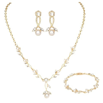 Bridal Jewelry Sets for Women Wedding Jewelry for Women | Cubic Zirconia Wedding Jewelry for Women Pearl Pendant Necklace Earrings Set - color: Gold