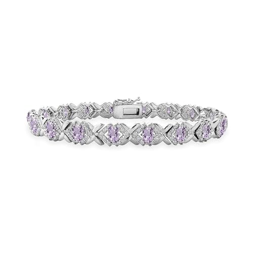 Oval Amethyst X Design Polished Silver Tennis Bracelet Women Jewelry Simple Wrist Jewelry for Women Casual Trendy Ladies Accessory Everyday Dainty Bangle Minimalist Delicate Elegant