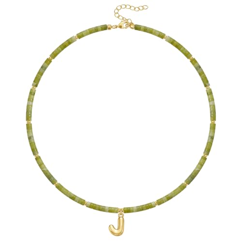 KELORIS PATH Beaded Initial Necklace for Women, 14K Gilded Plated Bubble Letter Pendant Natural Handmade Stone Choker Boho Colorful Summer Beach Jewelry Gift - color: Green Aventurine, style: Letter J