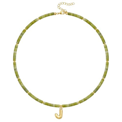 KELORIS PATH Beaded Initial Necklace for Women, 14K Gilded Plated Bubble Letter Pendant Natural Handmade Stone Choker Boho Colorful Summer Beach Jewelry Gift - color: Green Aventurine, style: Letter J