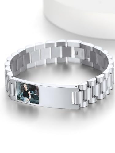 ChainsHouse Men Stainless Steel Bracelet Adjustable Custom ID Engraved Gift | Personalized Silver/Gold/Black for Birthday Father Husband Boyfriend with Gift Box Adjustable Tool 10mm/15mm/15.5mm 8.3"/8.7" - color: E.15mm Width-Silver-Photo Custom