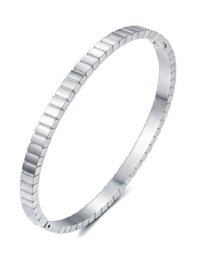 Joo&Rind Gold Bangle Bracelets for Women 18K Gold Plated Stainless Steel Bracelet Oval Hinged Bangles for Small Wrists Non Tarnish Waterproof with Cubic Zirconia Jewelry Gift for Everyday Wear Birthday - color: Square Non Zirconia-Silver