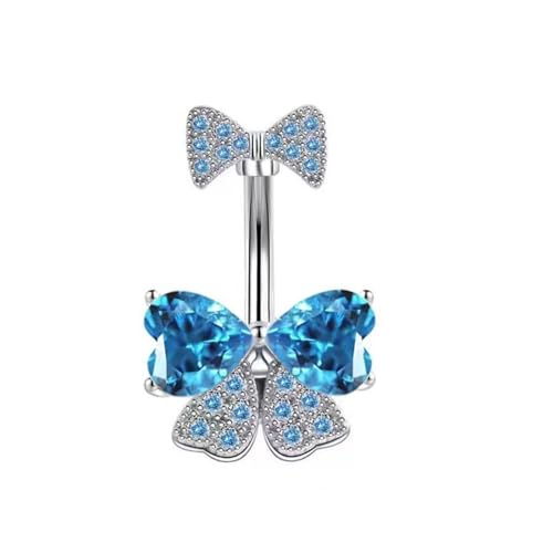 14G Rhinestone Bowknot Belly Button Ring for Women - Stainless Steel CZ Crystal Bow Navel Curved Barbell - Sparkling Body Piercing Jewelry - color: Blue