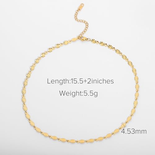 Gold Plated Stainless Steel Necklace Hypoallergenic Oval Petal Chain Link Choker Collar Charm Necklaces Classic Stylish Vintage Fashion Jewelry Valentine's Day Birthday Gift for Women