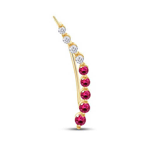 Floating Curved Bar One Piece Left Ear Crawler Earrings With Birthstone | White CZ In 14K Yellow Gold Over Sterling Silver - color: Simulated Ruby