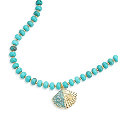 SAMYA Gemstone Beaded Necklace for Women, Natural Stone Ocean Jewelry | Fish or Seashell Pendant Beach Necklace, Gold Spacer Accents, Reinforced Stainless Steel Clasp, Adjustable 16"+2" - color: Turquoise