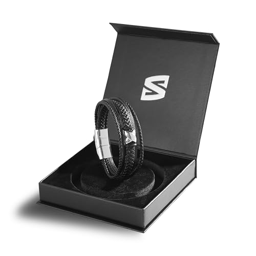 SERASAR Premium Leather Bracelet Men | Stainless Steel Magnetic Clasp | Three Colors | Jewelry Box Included - color: Silver, size: 17cm, style: Flake