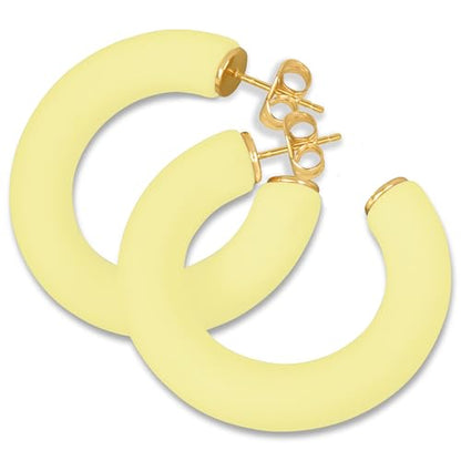 Gold Plated Multicolor Resin Chunky Thick Open Hoop Earrings in 57MM and 37.5MM Diameters - color: Yellow - Pastel - Matte Finish, size: 37.5MM (1.48") Diameter