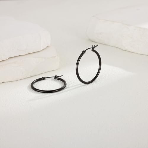 Gold Hoop Earrings for Women 14K Gold Plated | 925 Sterling Silver Post Hypoallergenic Hoop Earrings - color: Black, size: 30mm