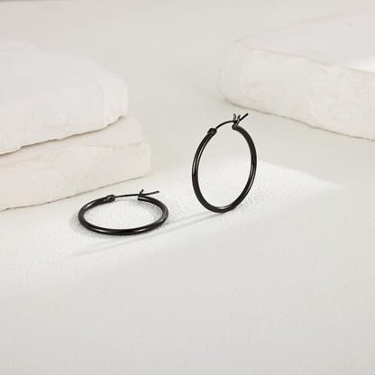 Gold Hoop Earrings for Women 14K Gold Plated | 925 Sterling Silver Post Hypoallergenic Hoop Earrings - color: Black, size: 30mm