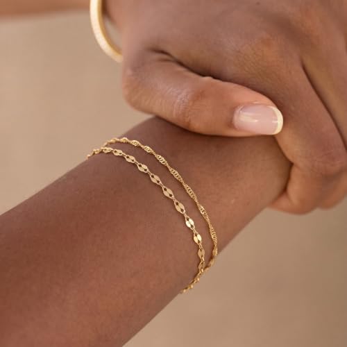 Moodear Gold Bracelets for Women, 2PCS Dainty 14K Gold Plated Link Chain | Waterproof Non Tarnish Jewelry, Adjustable Gold Plated Link & Bead Chain, Perfect for Daily Wear, Vacation Outfits & Gifts - color: gold-7