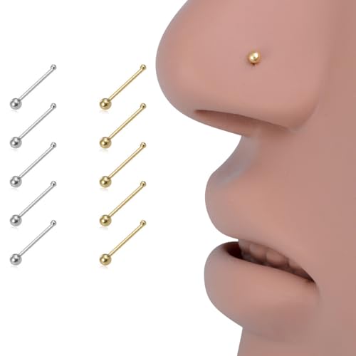 10Pcs 24G Stainless Steel Nose Studs Rings for Women Hypoallergenic Nose Piercings Jewelry Straight Bone Nose Rings 5 Gold 5 Silver