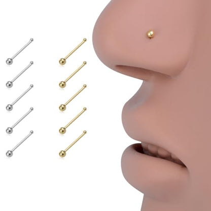 10Pcs 24G Stainless Steel Nose Studs Rings for Women Hypoallergenic Nose Piercings Jewelry Straight Bone Nose Rings 5 Gold 5 Silver