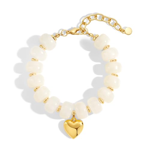 WOWORAMA Colorful Beaded Bracelets for Women Multicolor Acrylic Resin Beads Bracelet with Heart Charm Boho Statement Chunky Bracelet Summer Holiday Jewelry - color: Heart-Cream White