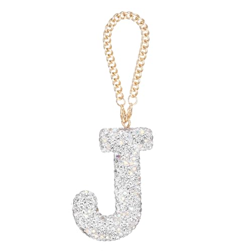 MECCANIXITY Bling Car Letter Charm, Initial J Letter Interior Car Rear View Mirror Decoration Hanging Crystal Ornaments for Women Bags Water Cup DIY Craft, Silver - style: Letter J