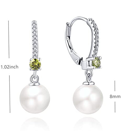 JO WISDOM 925 Sterling Silver Freshwater Pearl Hoop Earrings with Dangle Real Pearl,Simulated Pearls - color: B-8mm white pearl,peridot color
