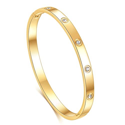 VQYSKO Love Friendship Bracelet Bangle Gold Rose Gold Silver with Cubic Zirconia Stones Stainless Steel Hinged Jewelry with Crystal Oval Bracelet Birthday Present for Her Women Teen Girls - style: 6.7 Inch-Oval-Gold