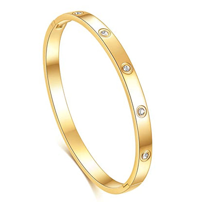 VQYSKO Love Friendship Bracelet Bangle Gold Rose Gold Silver with Cubic Zirconia Stones Stainless Steel Hinged Jewelry with Crystal Oval Bracelet Birthday Present for Her Women Teen Girls - style: 6.7 Inch-Oval-Gold