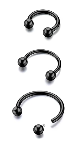 G23 Titanium 14/16/18/20G Septum Rings Horseshoe Nose Ring Jewelry | 2/3Pcs Circular Barbell Spike Lip Body Piercing Jewelry Conch Helix Tragus Earring Silver/Black 8/10/12mm 14K Gold Plated - color: Black-3pcs, size: Balls-3pcs-18g-8/10/12mm